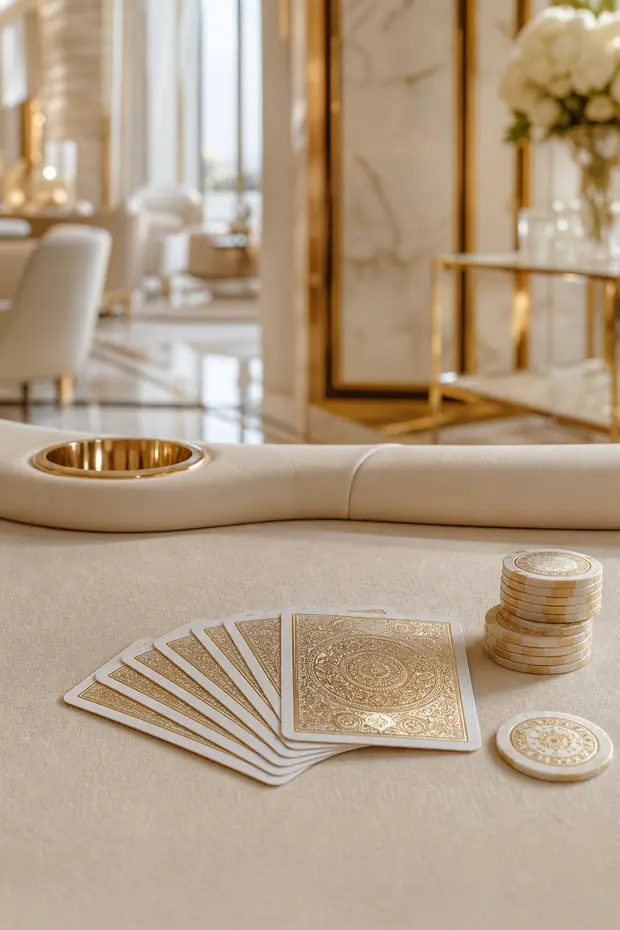 Cartas premium boca abajo sobre fieltro crema junto a fichas de marfil