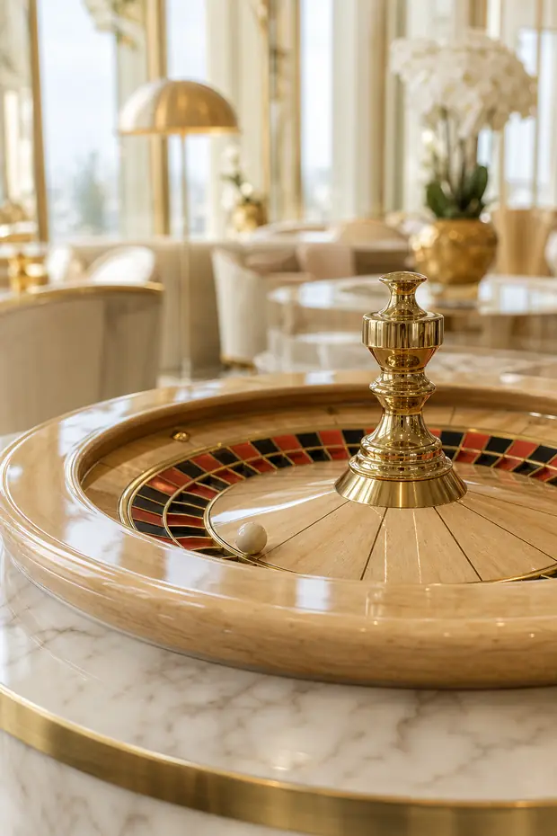 Rueda de ruleta de madera clara y latón sobre mármol blanco