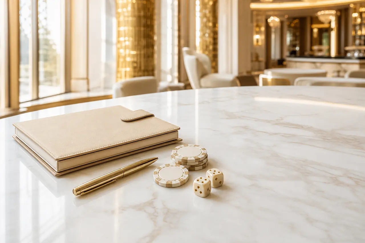 Mesa de trabajo de mármol con documentos y fichas de casino bajo luz natural