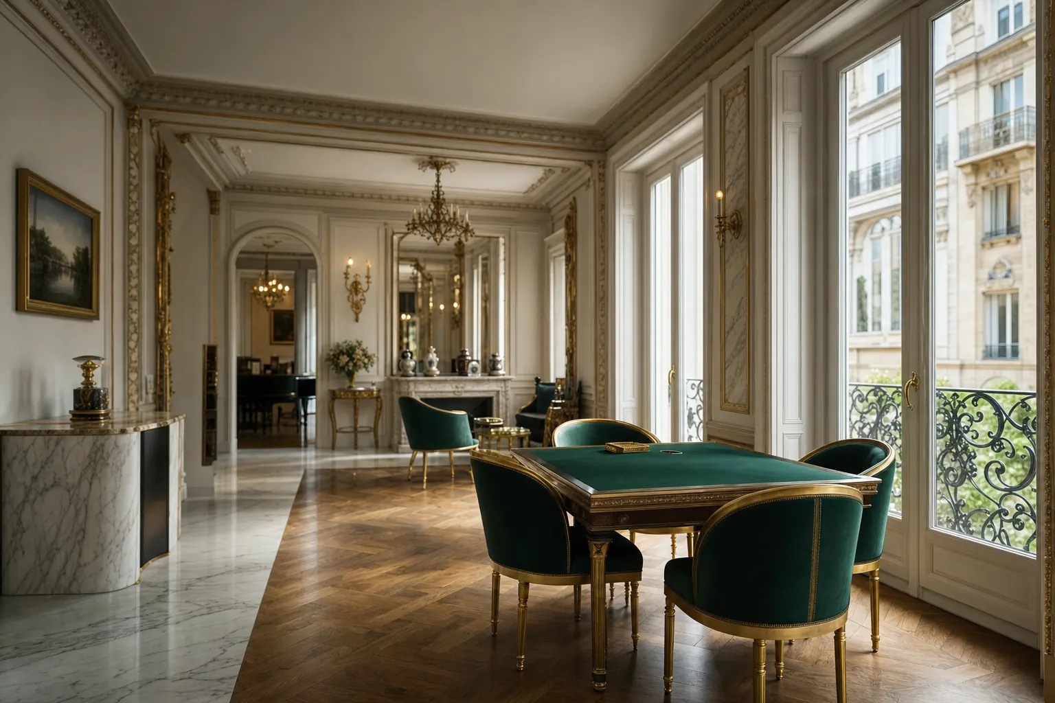 Salón de juego estilo Belle Epoque con ventanales, parquet y tapizado verde