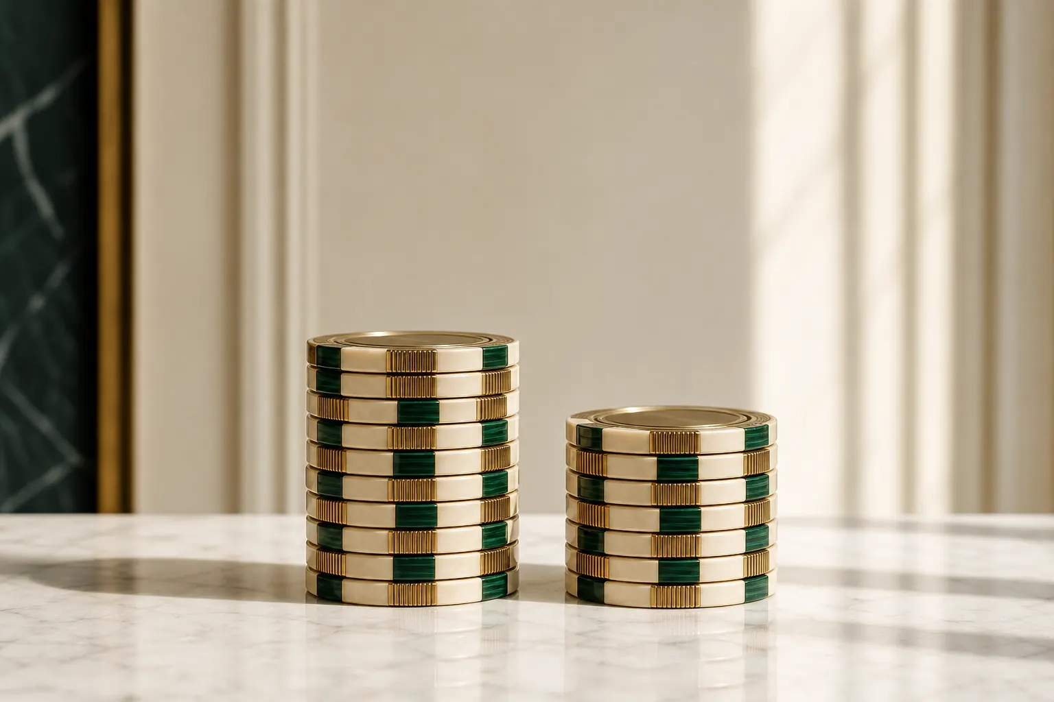 Dos torres de fichas de casino de distinta altura sobre mármol blanco