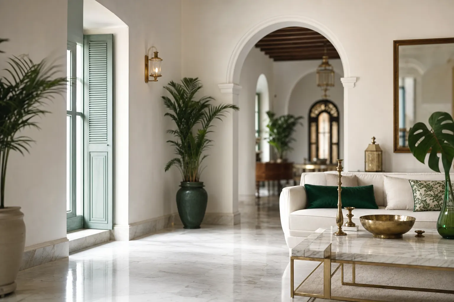 Salón colonial luminoso con arcos encalados, plantas tropicales y suelo de mármol