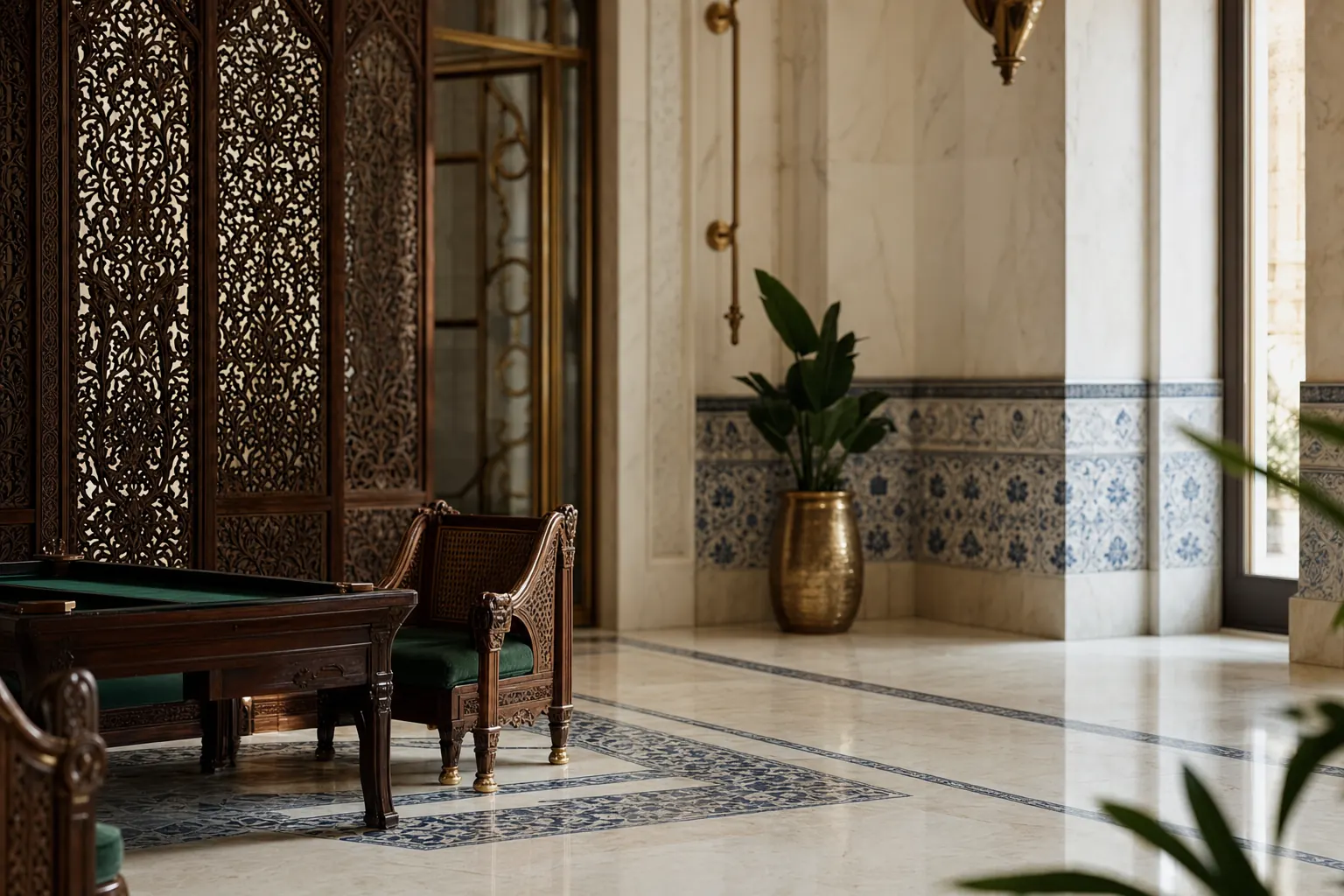 Salón de juego con celosías de madera tallada y azulejo azul y blanco sobre suelo de mármol