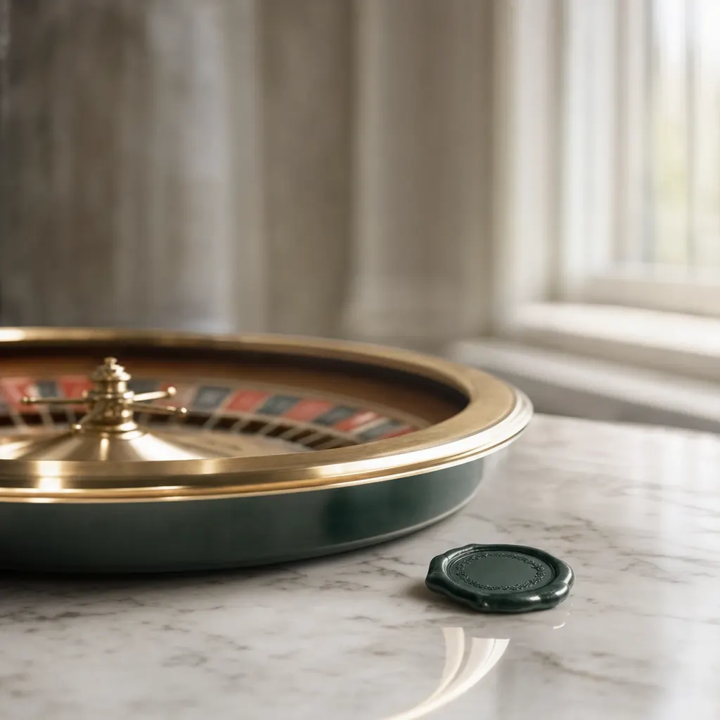 Rueda de ruleta en latón y verde oscuro vista desde abajo, junto a un sello de lacre verde en relieve sobre mármol