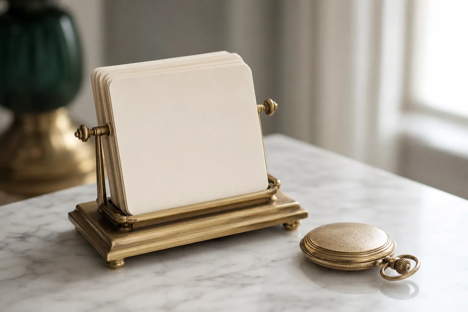 Calendario de sobremesa de latón con fichas en blanco junto a un reloj de bolsillo